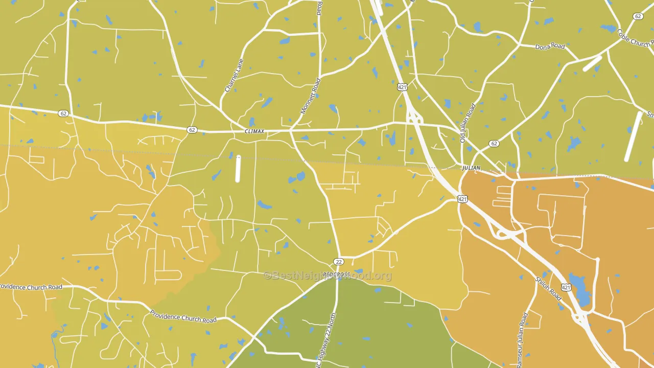 Map of the best neighborhoods in the Climax area, with better matches in green and worse matches in red