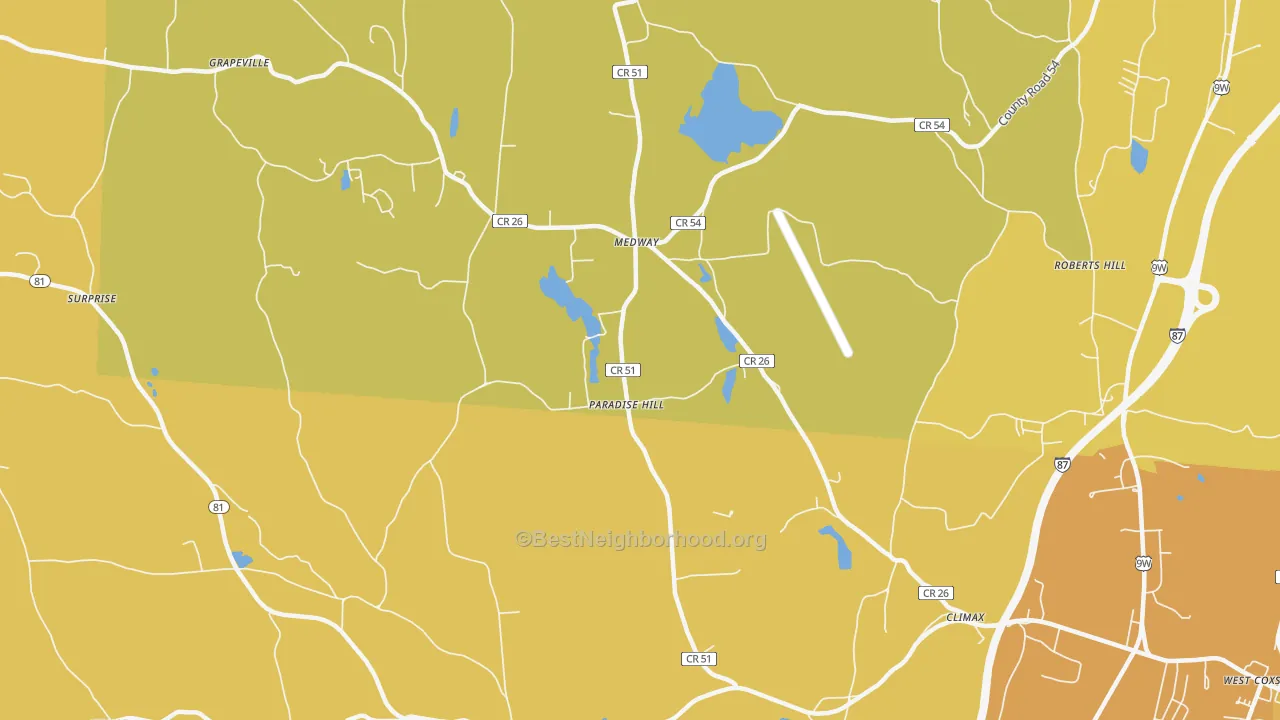 Map of the best neighborhoods in the Climax area, with better matches in green and worse matches in red