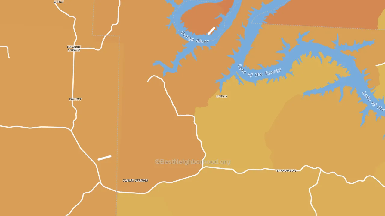 Map of the best neighborhoods in the Climax Springs area, with better matches in green and worse matches in red