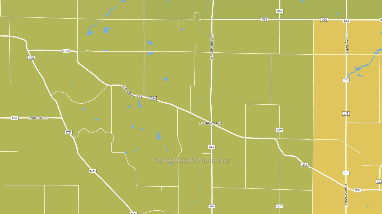 Map of the best neighborhoods in the Climbing Hill area, with better matches in green and worse matches in red