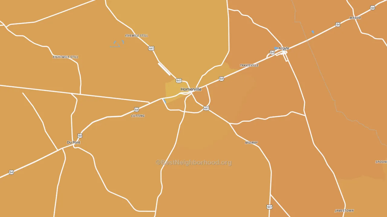 Map of the best neighborhoods in the Clinch County area, with better matches in green and worse matches in red