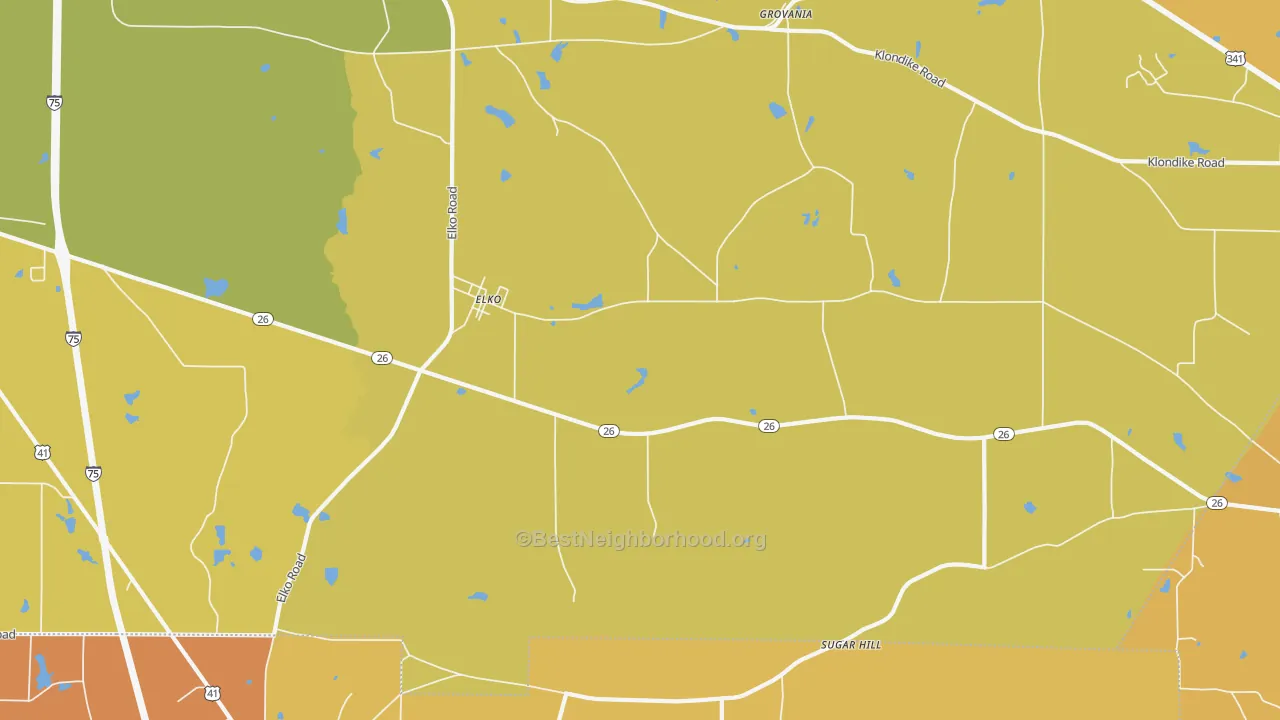 Map of the best neighborhoods in the Clinchfield area, with better matches in green and worse matches in red