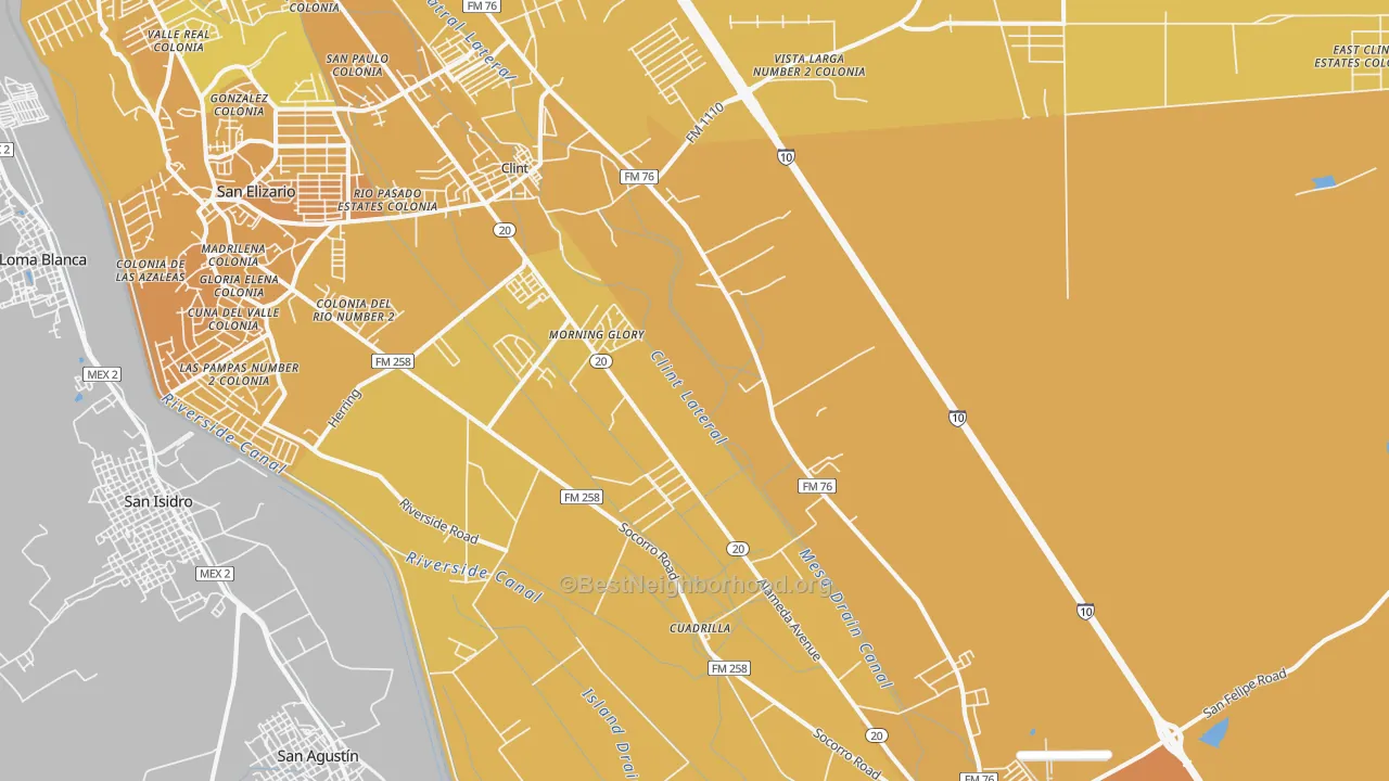 Map of the best neighborhoods in the Clint area, with better matches in green and worse matches in red