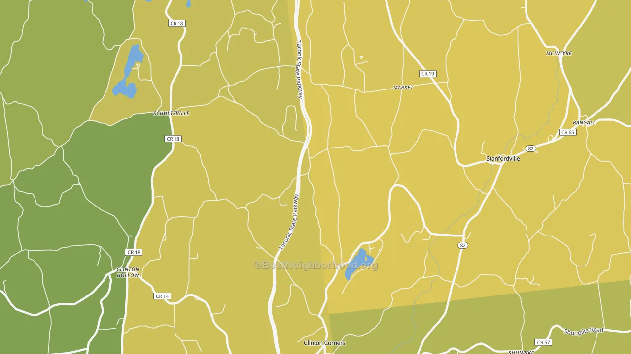 Map of the best neighborhoods in the Clinton Corners area, with better matches in green and worse matches in red