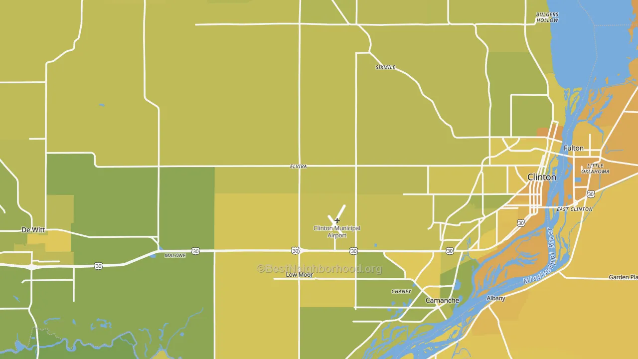Map of the best neighborhoods in the Clinton County area, with better matches in green and worse matches in red