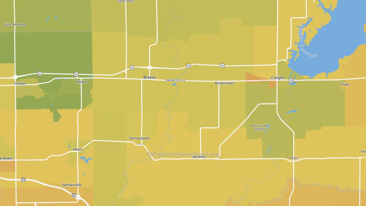 Map of the best neighborhoods in the Clinton County area, with better matches in green and worse matches in red