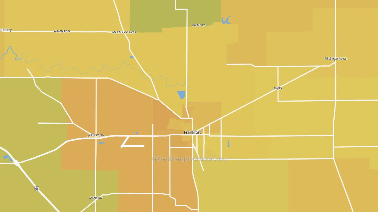 Map of the best neighborhoods in the Clinton County area, with better matches in green and worse matches in red
