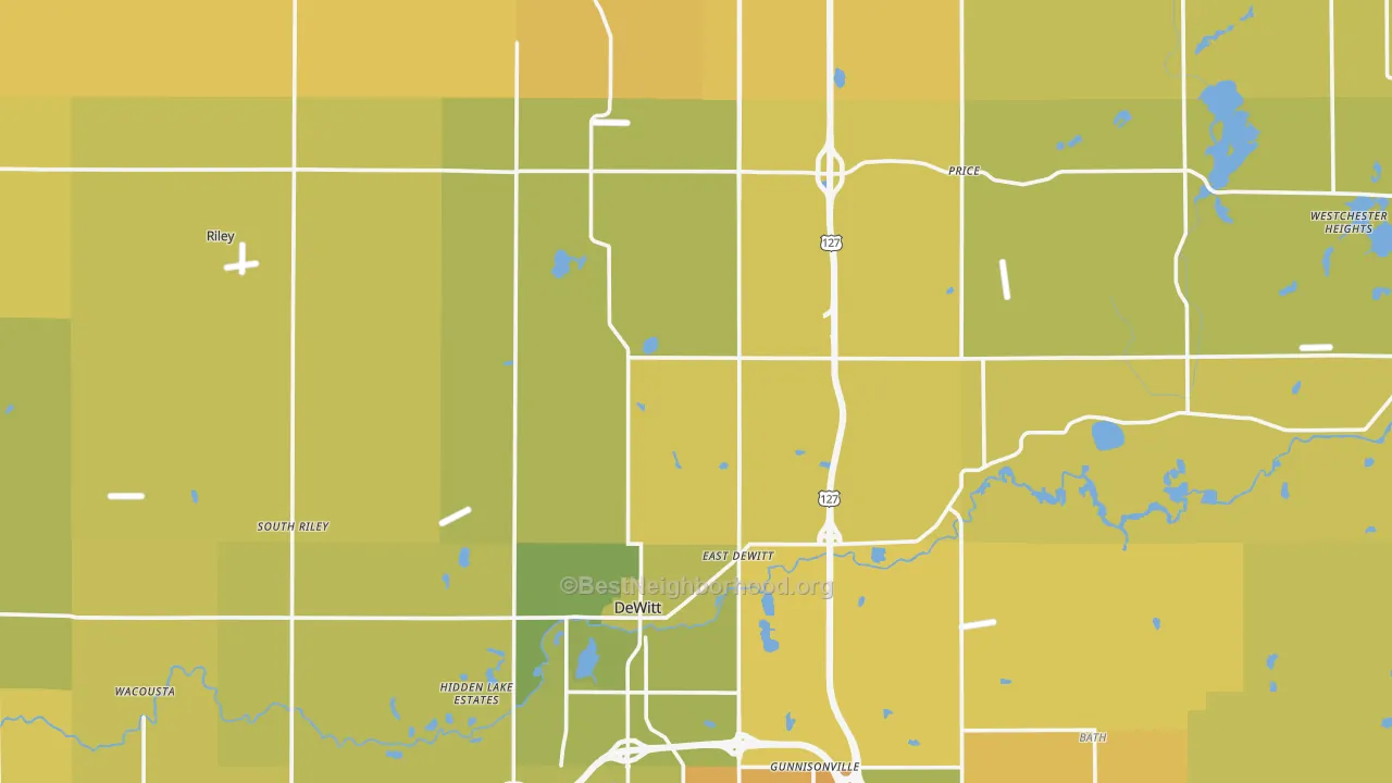 Map of the best neighborhoods in the Clinton County area, with better matches in green and worse matches in red