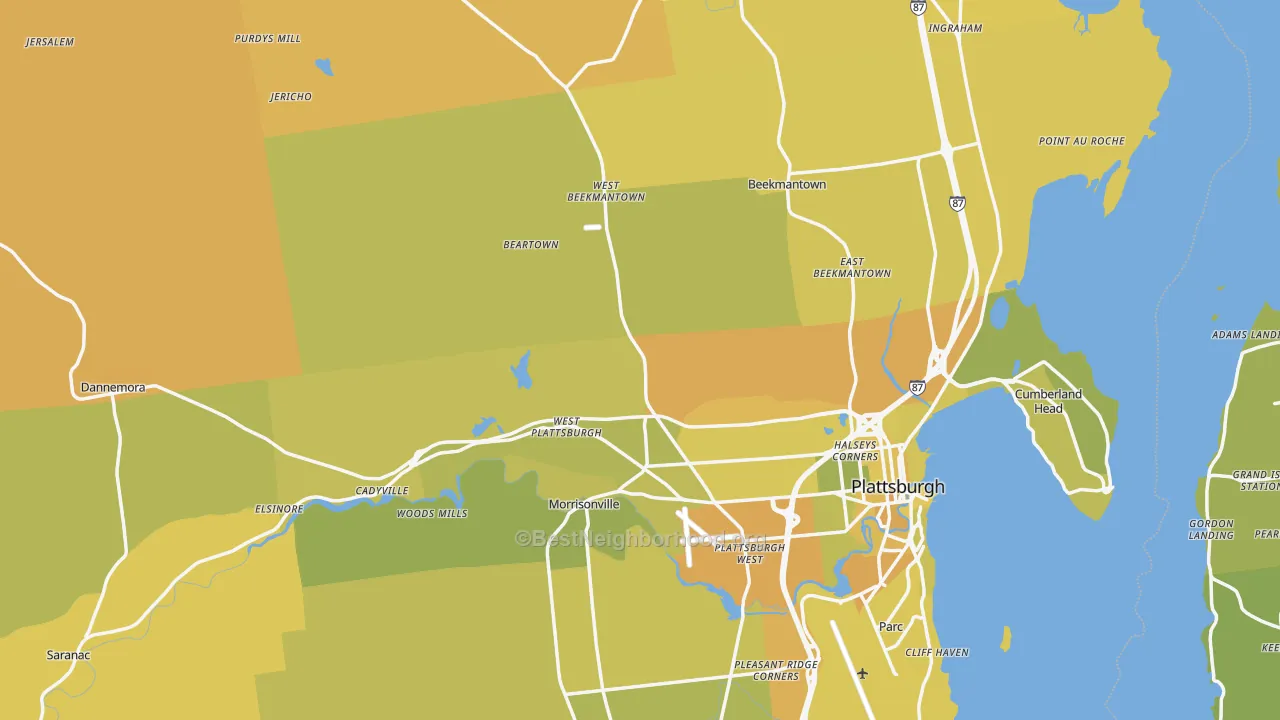 Map of the best neighborhoods in the Clinton County area, with better matches in green and worse matches in red