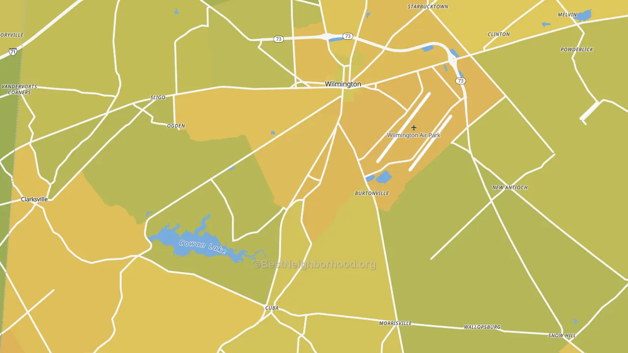 Map of the best neighborhoods in the Clinton County area, with better matches in green and worse matches in red