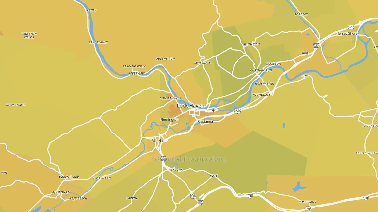 Map of the best neighborhoods in the Clinton County area, with better matches in green and worse matches in red