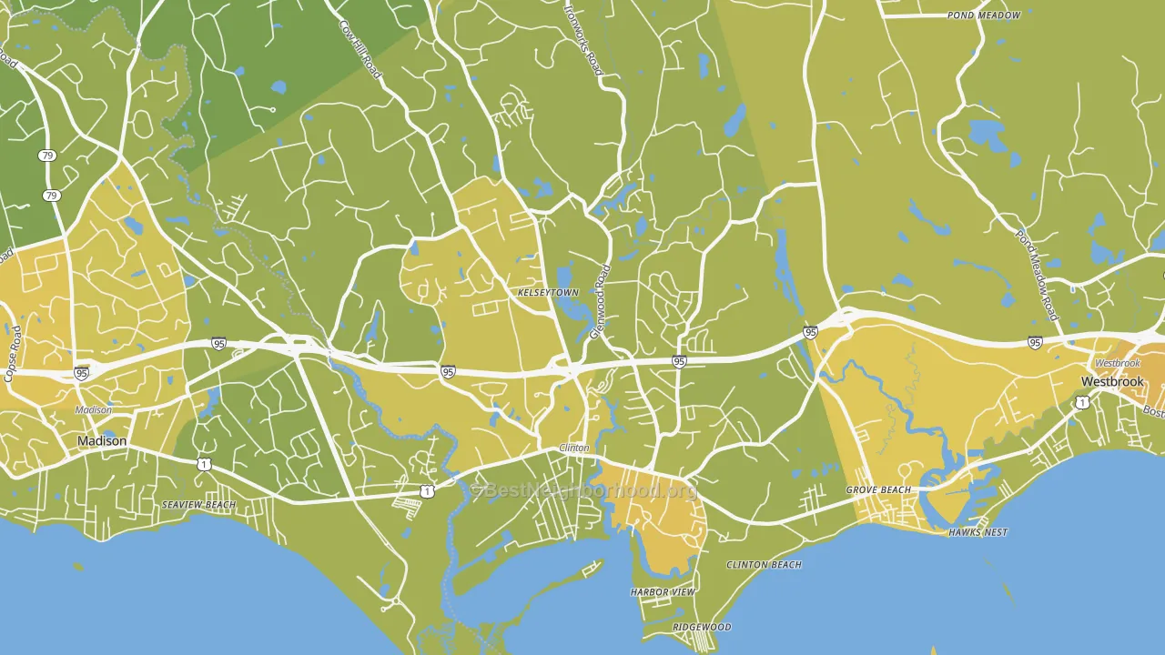 Map of the best neighborhoods in the Clinton area, with better matches in green and worse matches in red