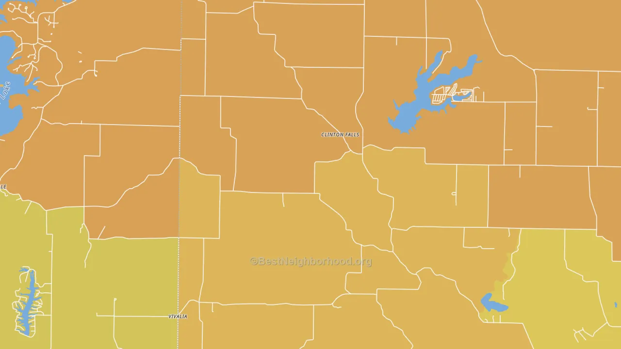 Map of the best neighborhoods in the Clinton Falls area, with better matches in green and worse matches in red