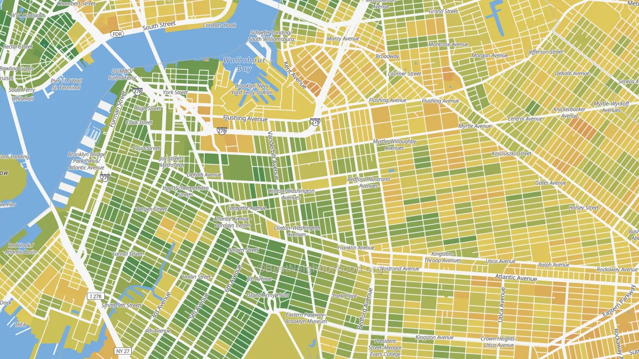 Map of the best neighborhoods in the Clinton Hill, Brooklyn area, with better matches in green and worse matches in red