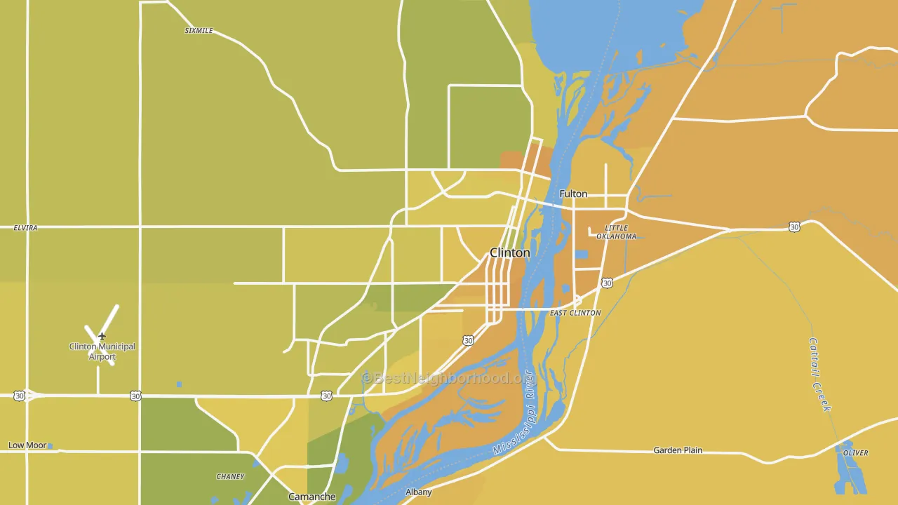 Map of the best neighborhoods in the Clinton area, with better matches in green and worse matches in red