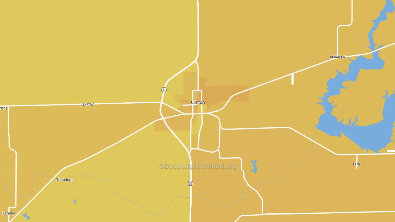 Map of the best neighborhoods in the Clinton area, with better matches in green and worse matches in red