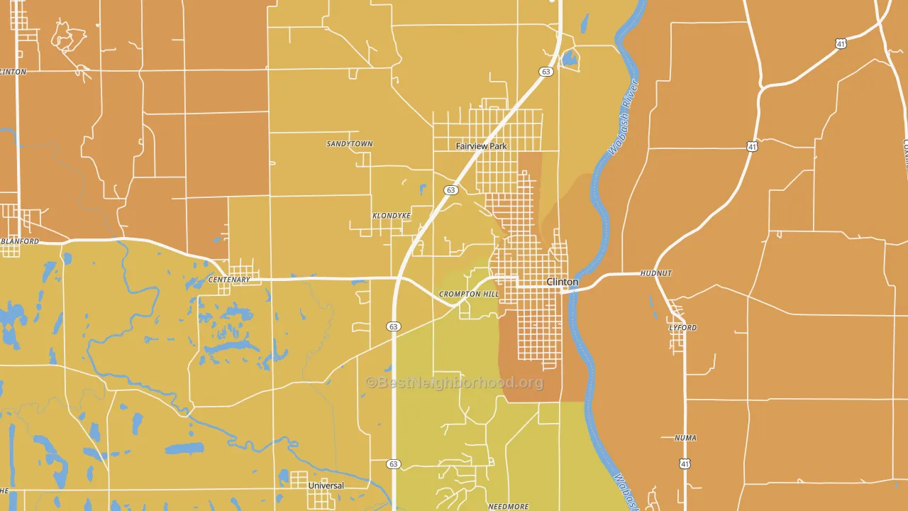 Map of the best neighborhoods in the Clinton area, with better matches in green and worse matches in red