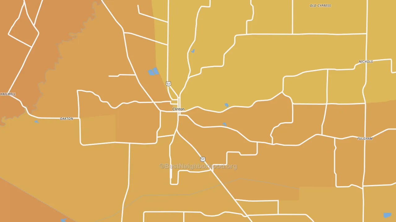 Map of the best neighborhoods in the Clinton area, with better matches in green and worse matches in red