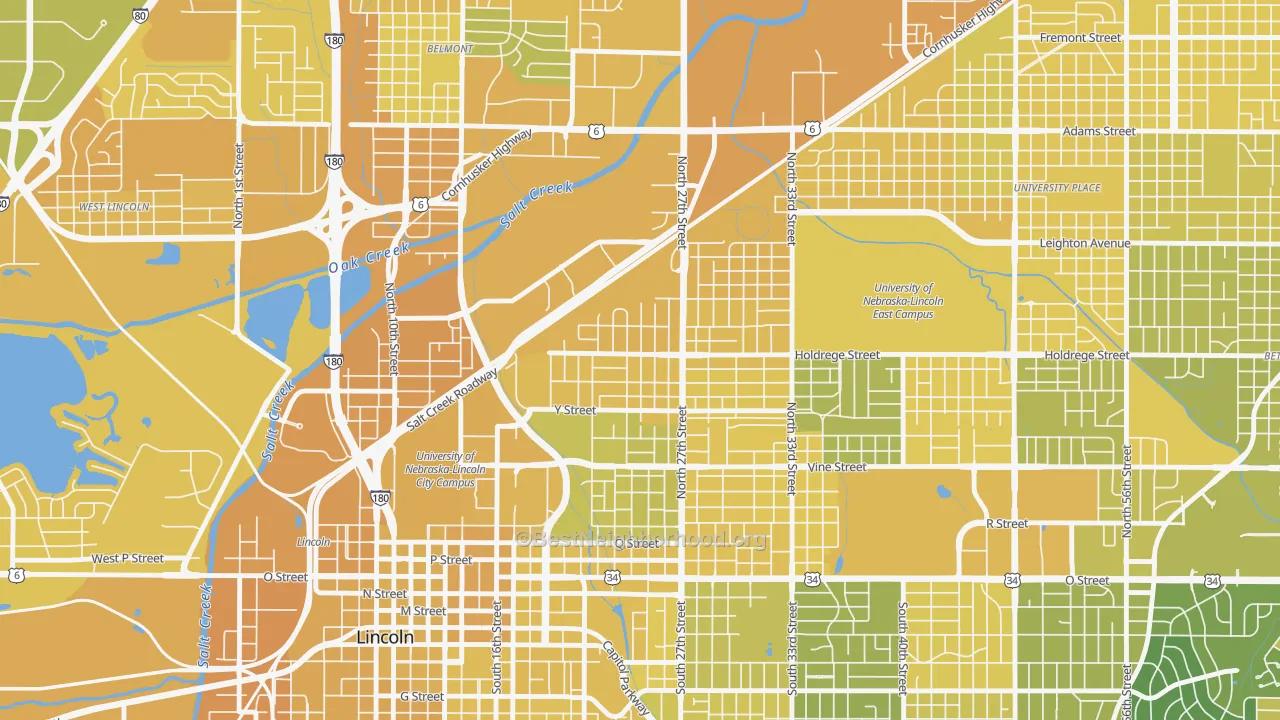 Map of the best neighborhoods in the Clinton, Lincoln area, with better matches in green and worse matches in red