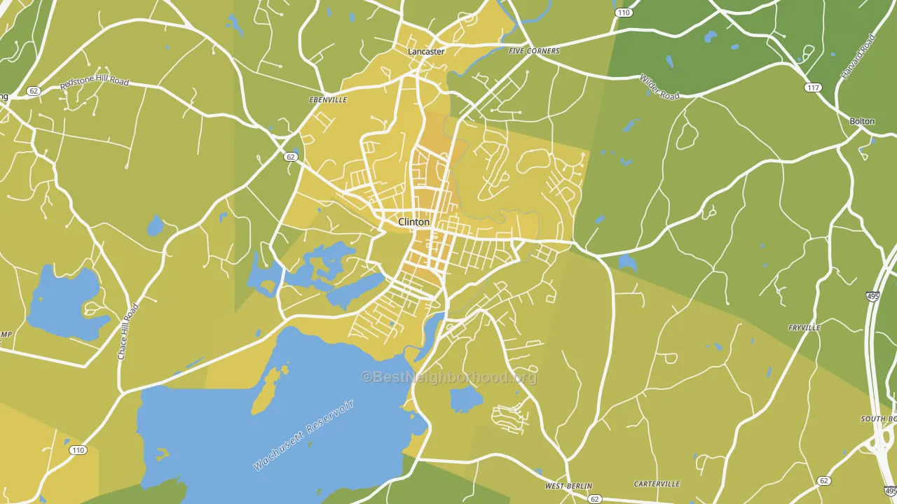 Map of the best neighborhoods in the Clinton area, with better matches in green and worse matches in red