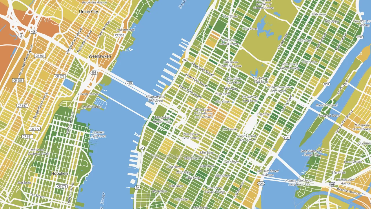 Map of the best neighborhoods in the Clinton, Manhattan area, with better matches in green and worse matches in red