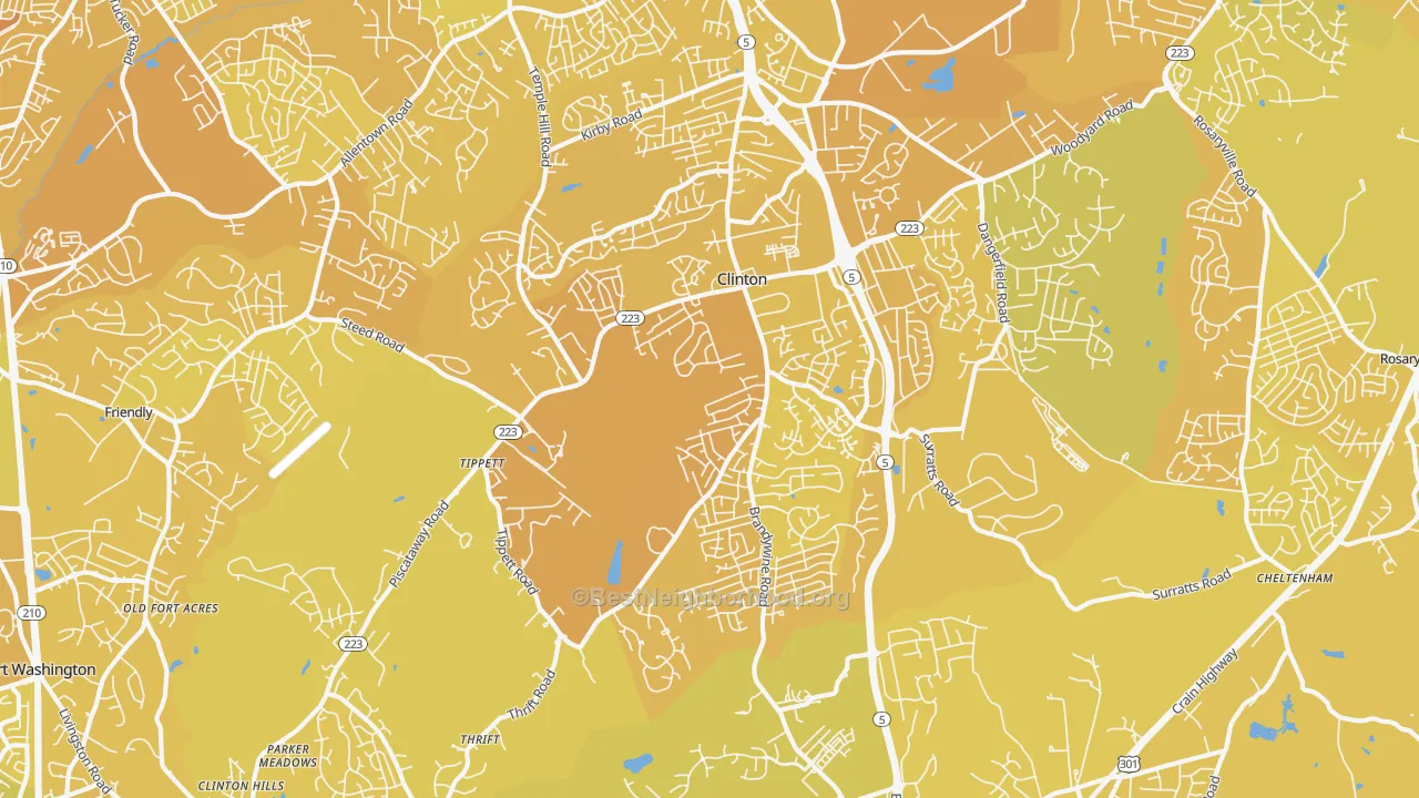 Map of the best neighborhoods in the Clinton area, with better matches in green and worse matches in red