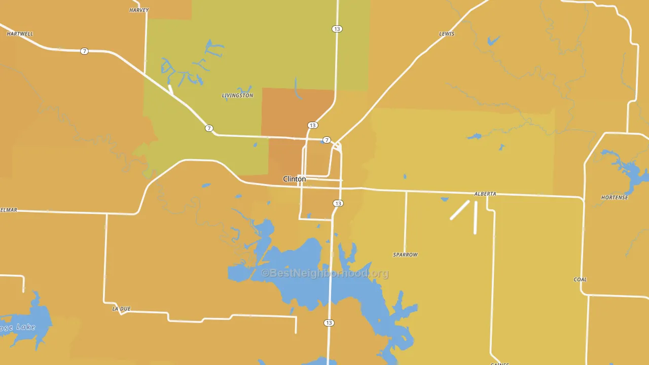 Map of the best neighborhoods in the Clinton area, with better matches in green and worse matches in red