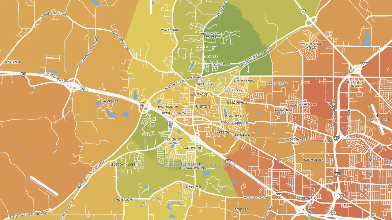 Map of the best neighborhoods in the Clinton area, with better matches in green and worse matches in red