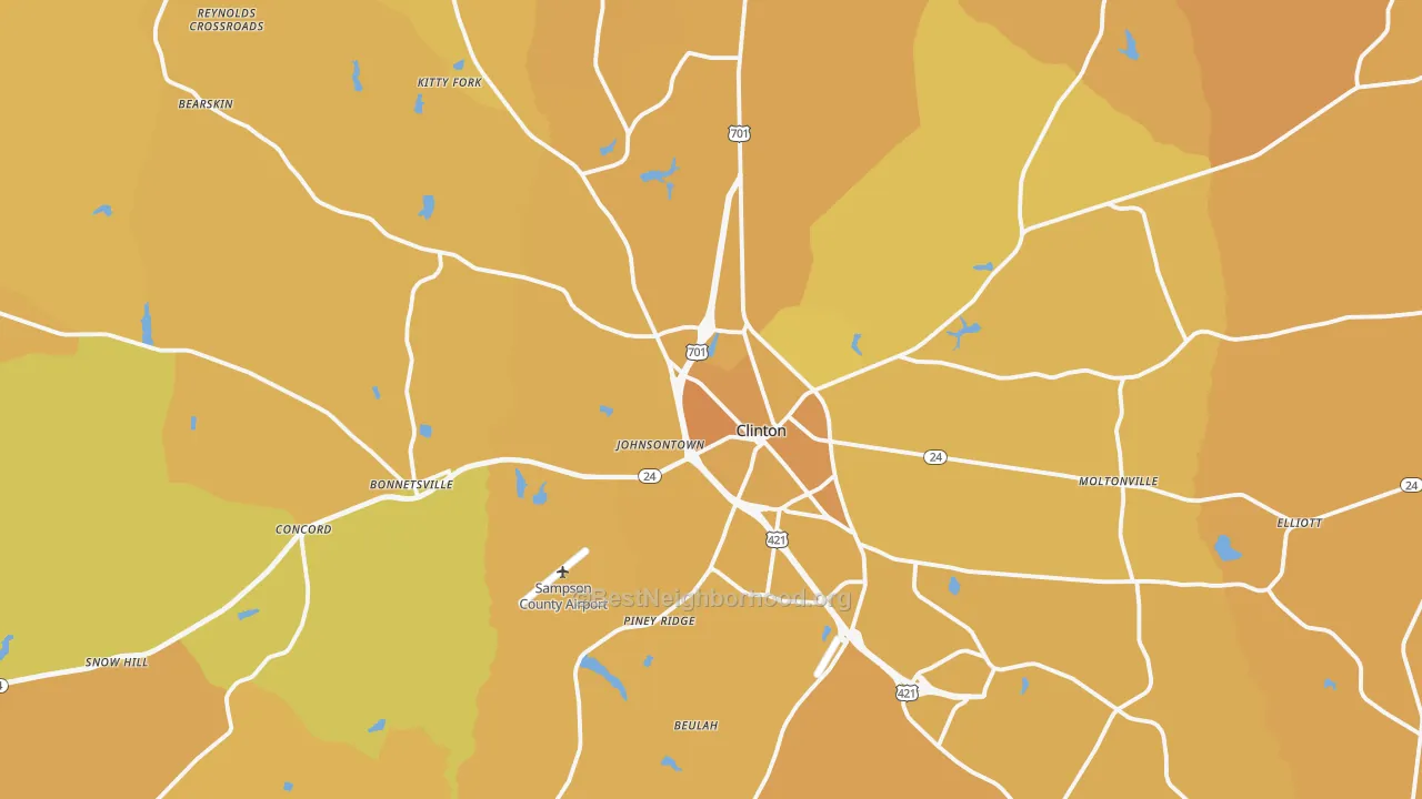 Map of the best neighborhoods in the Clinton area, with better matches in green and worse matches in red
