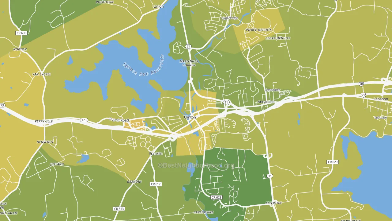 Map of the best neighborhoods in the Clinton area, with better matches in green and worse matches in red