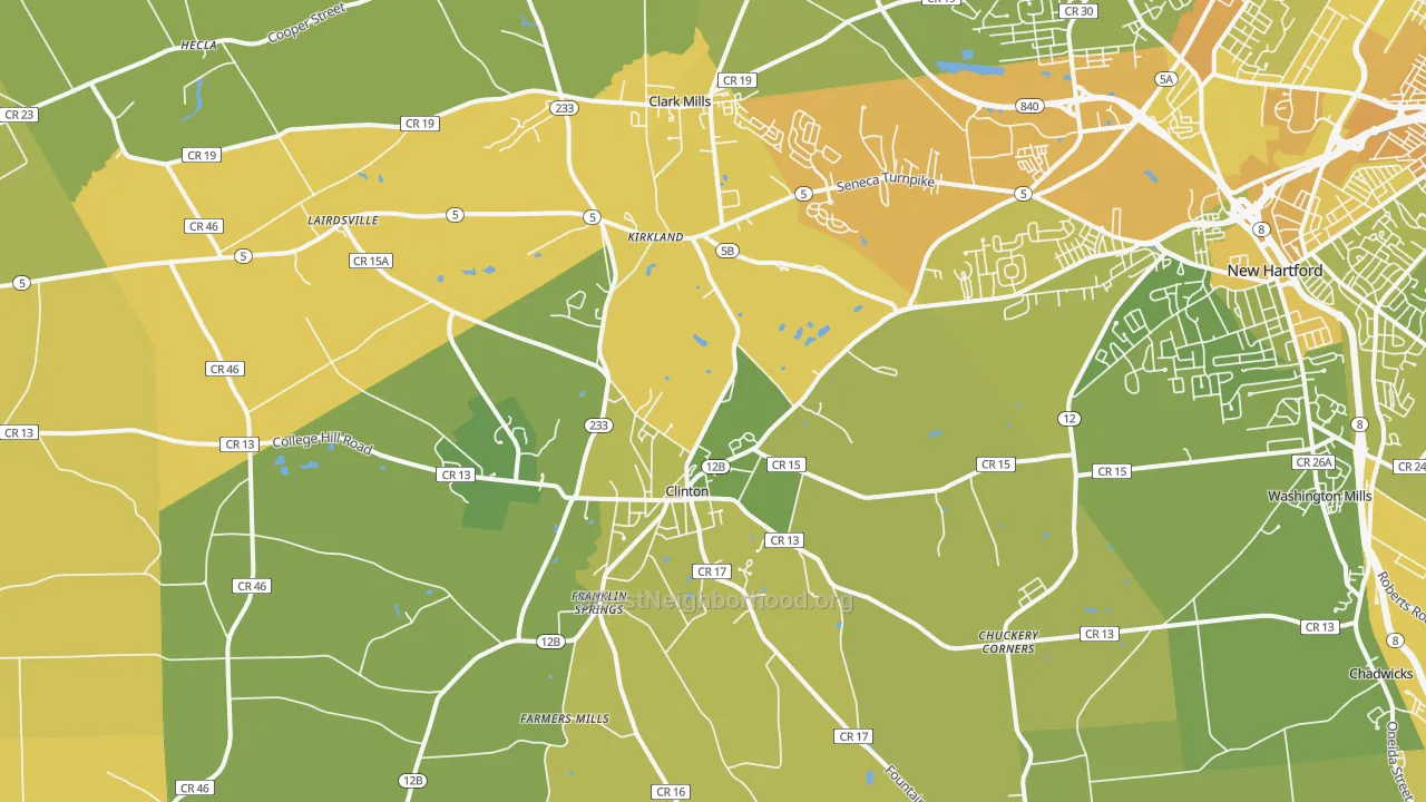 Map of the best neighborhoods in the Clinton area, with better matches in green and worse matches in red