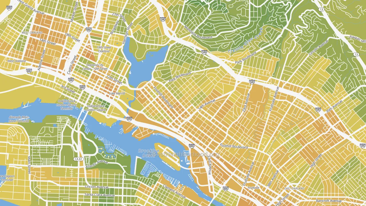Map of the best neighborhoods in the Clinton, Oakland area, with better matches in green and worse matches in red