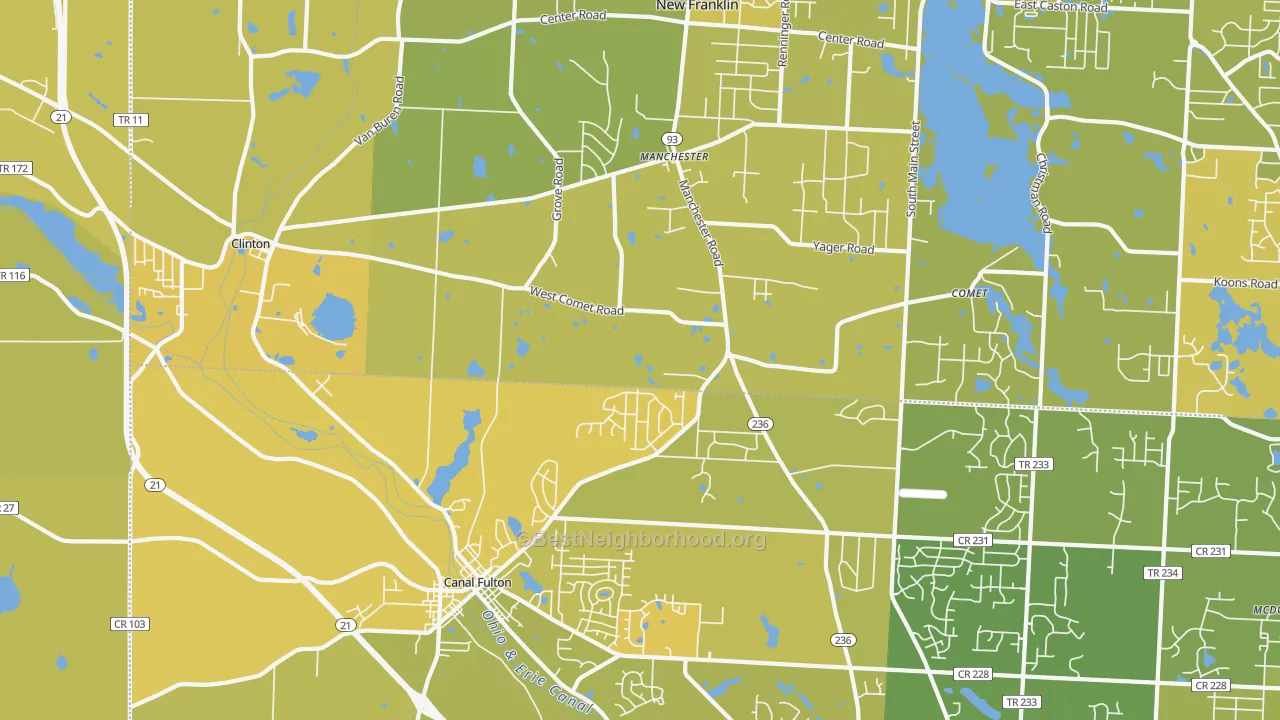 Map of the best neighborhoods in the Clinton area, with better matches in green and worse matches in red