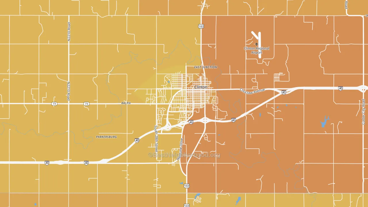 Map of the best neighborhoods in the Clinton area, with better matches in green and worse matches in red
