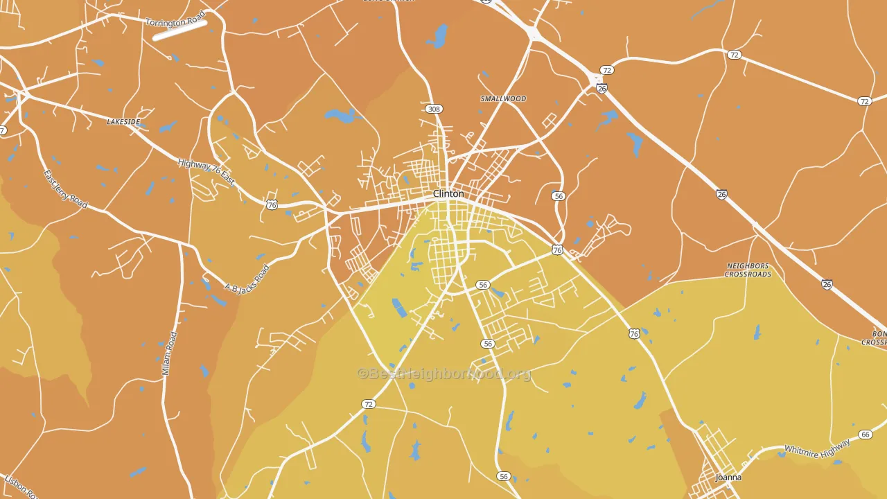 Map of the best neighborhoods in the Clinton area, with better matches in green and worse matches in red