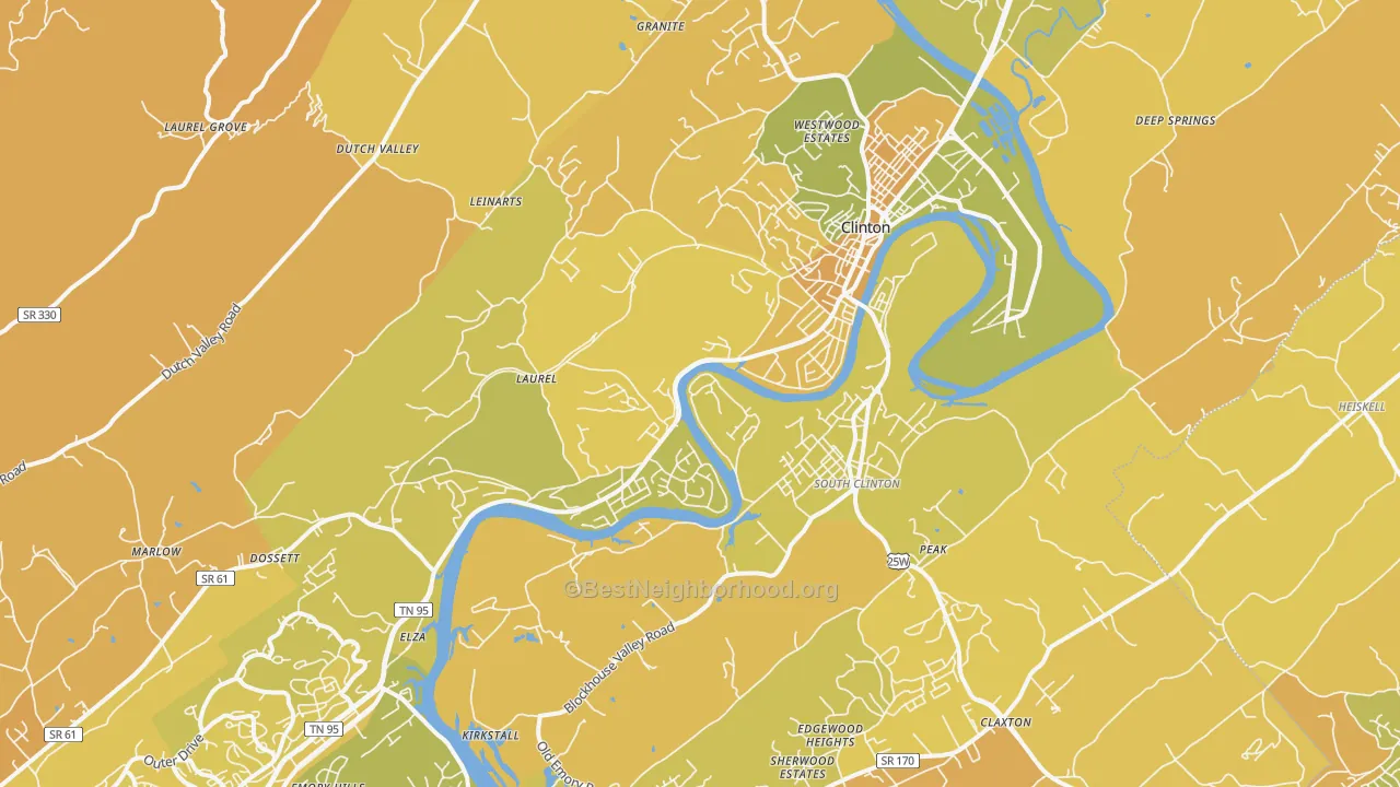 Map of the best neighborhoods in the Clinton area, with better matches in green and worse matches in red