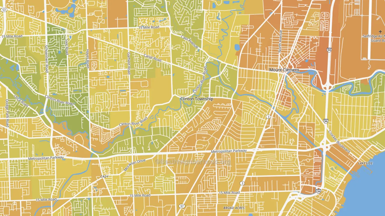 Map of the best neighborhoods in the Clinton Township area, with better matches in green and worse matches in red