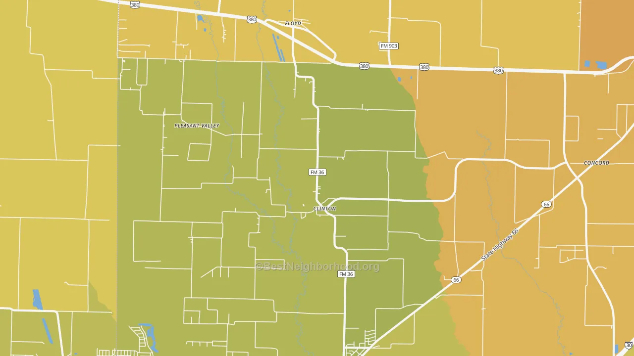 Map of the best neighborhoods in the Clinton area, with better matches in green and worse matches in red