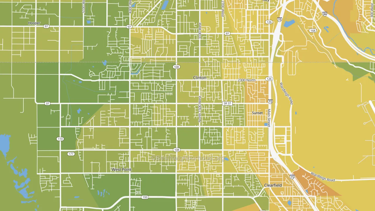 Map of the best neighborhoods in the Clinton area, with better matches in green and worse matches in red