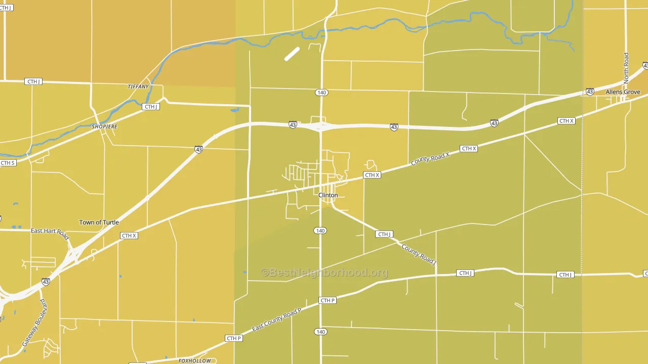 Map of the best neighborhoods in the Clinton area, with better matches in green and worse matches in red