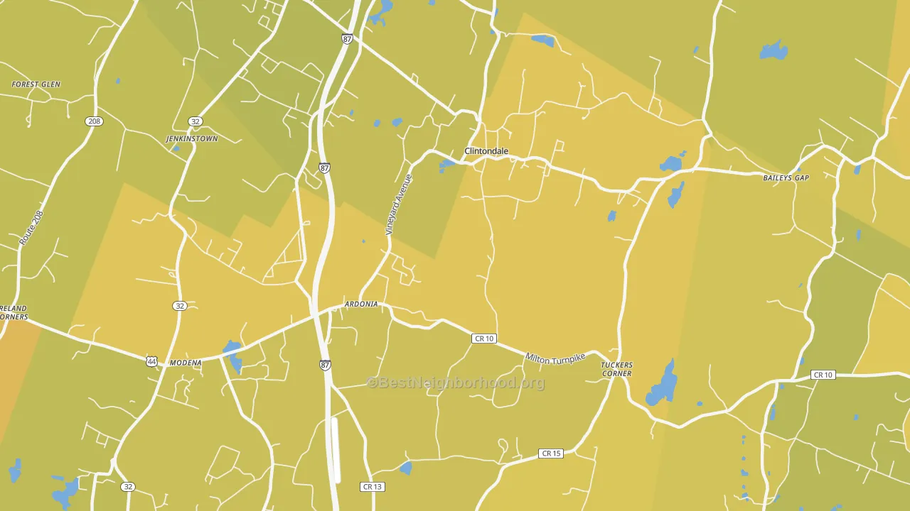 Map of the best neighborhoods in the Clintondale area, with better matches in green and worse matches in red