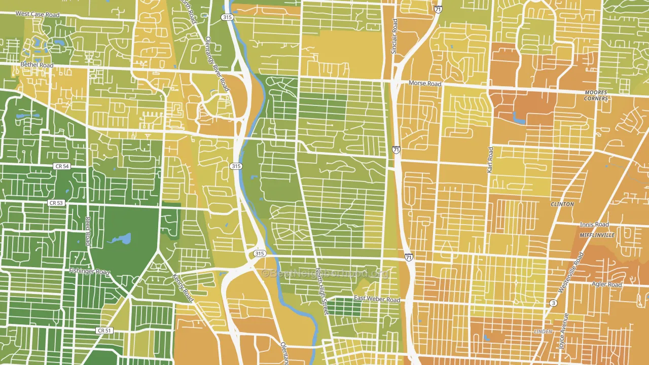 Map of the best neighborhoods in the Clintonville, Columbus area, with better matches in green and worse matches in red