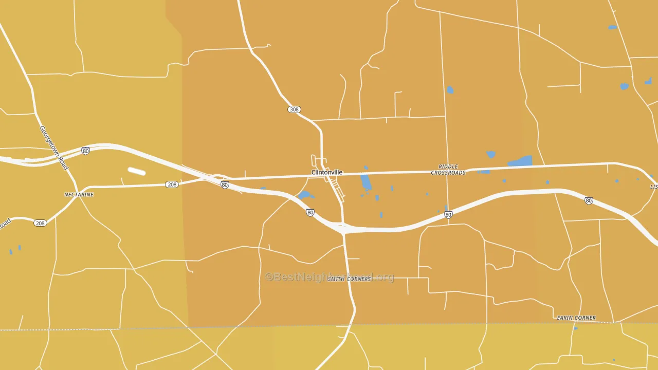 Map of the best neighborhoods in the Clintonville area, with better matches in green and worse matches in red