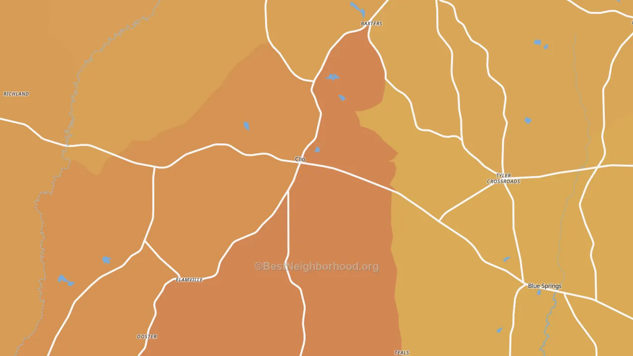 Map of the best neighborhoods in the Clio area, with better matches in green and worse matches in red