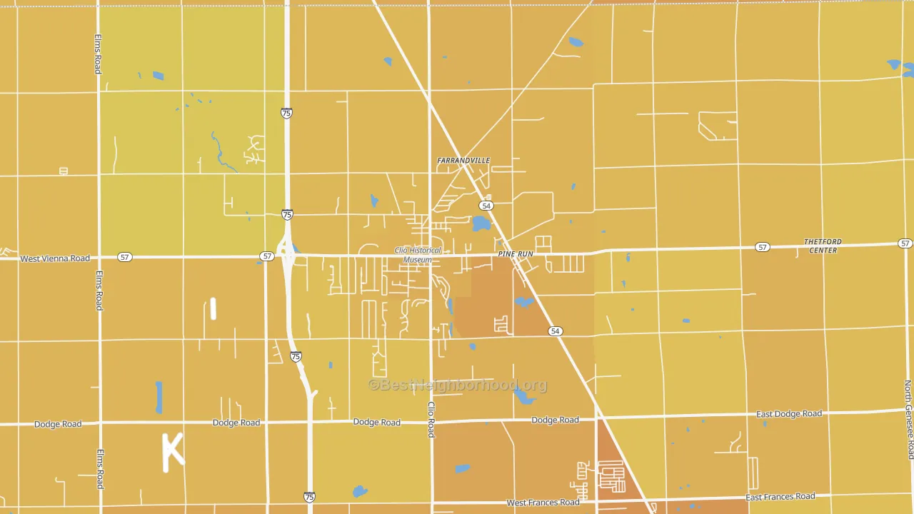 Map of the best neighborhoods in the Clio area, with better matches in green and worse matches in red