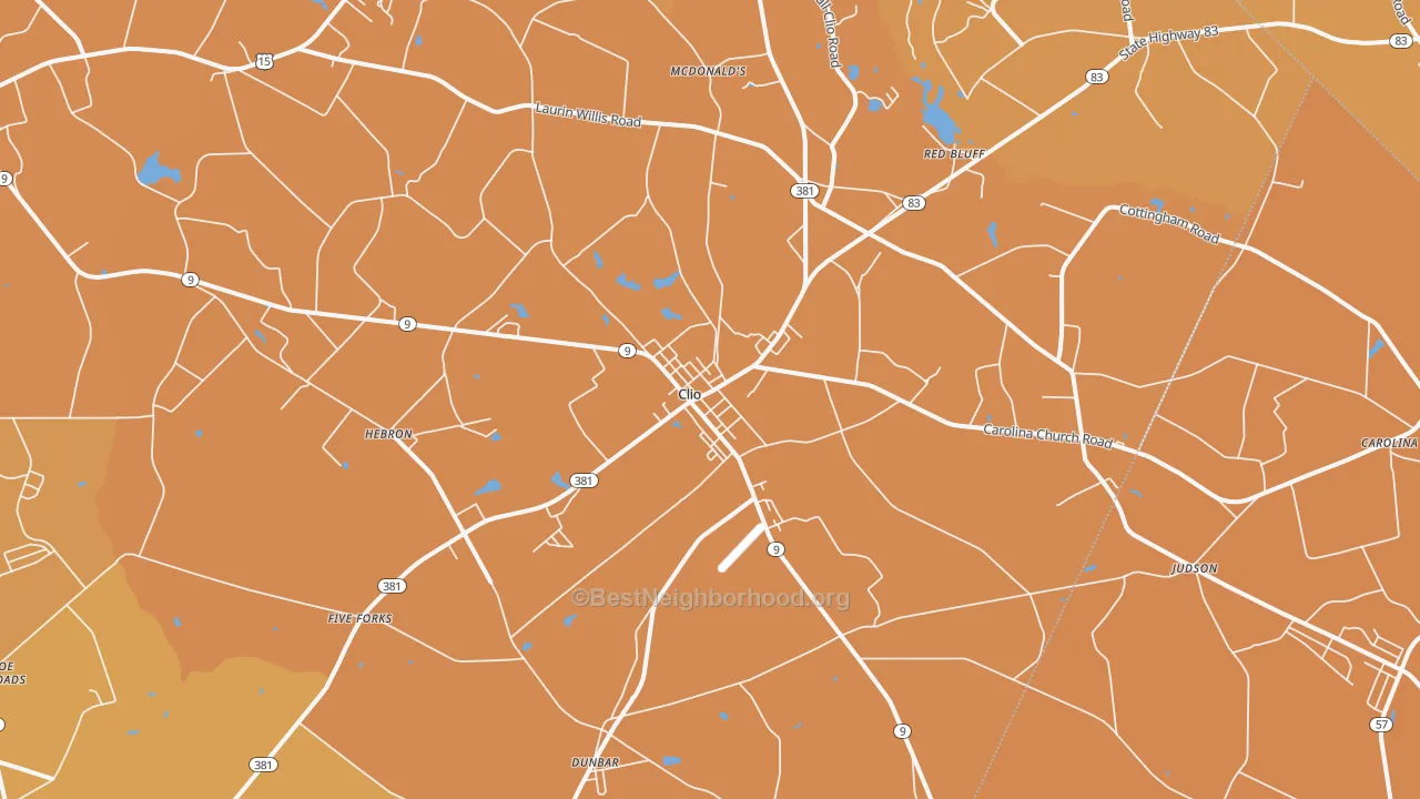 Map of the best neighborhoods in the Clio area, with better matches in green and worse matches in red
