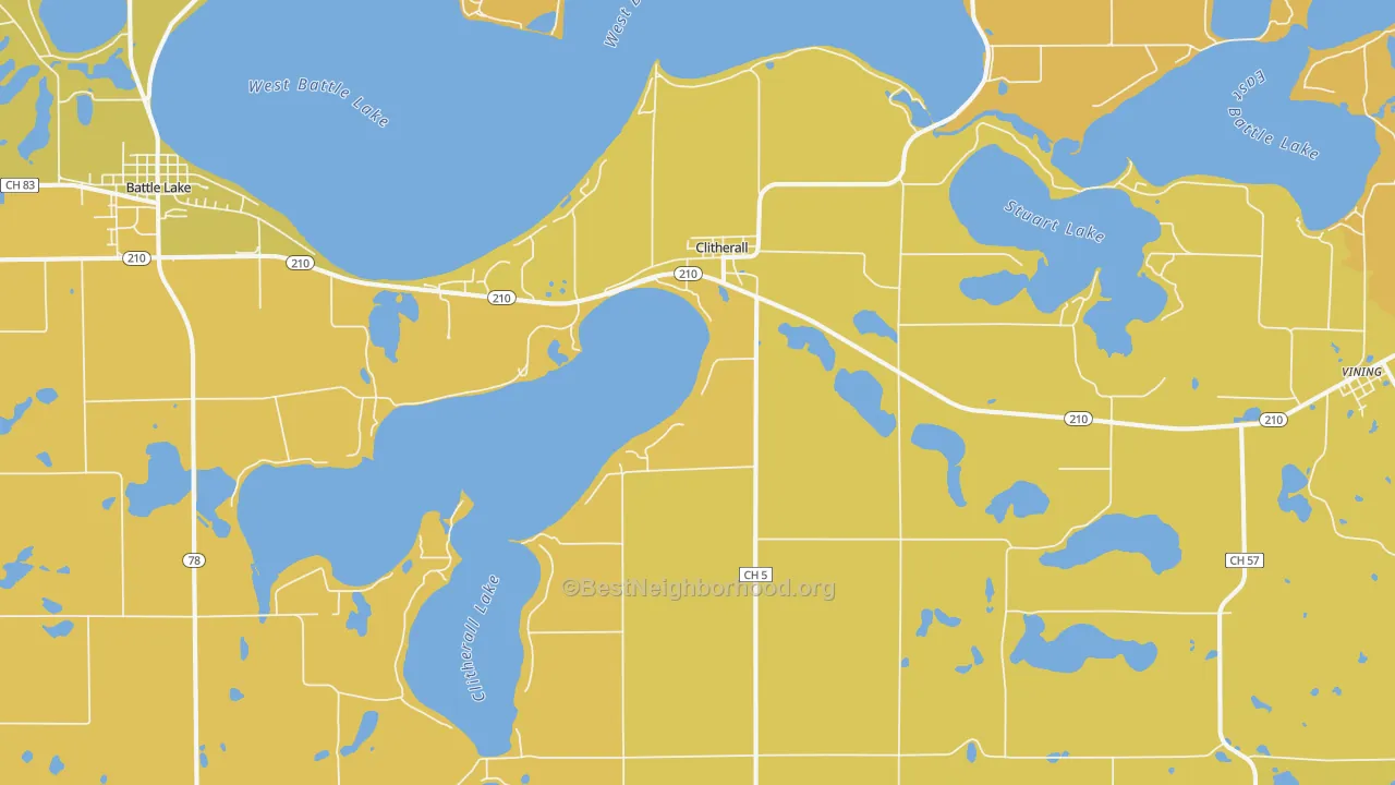 Map of the best neighborhoods in the Clitherall area, with better matches in green and worse matches in red