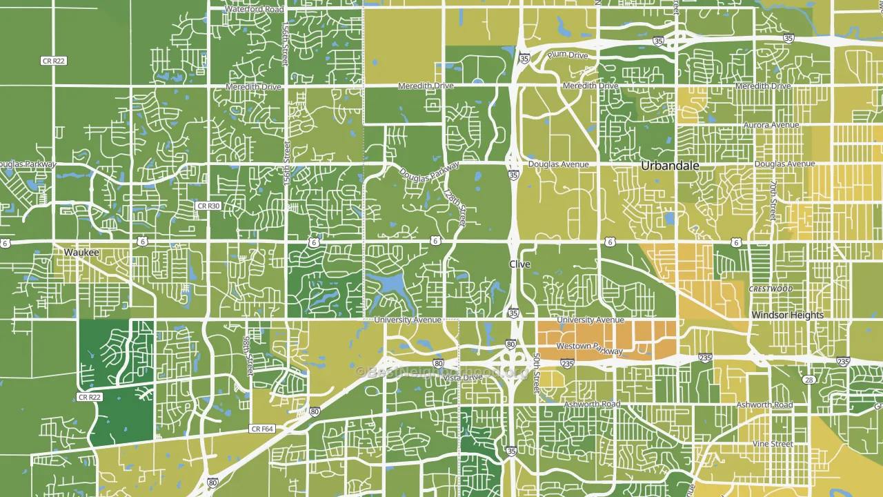 Map of the best neighborhoods in the Clive area, with better matches in green and worse matches in red