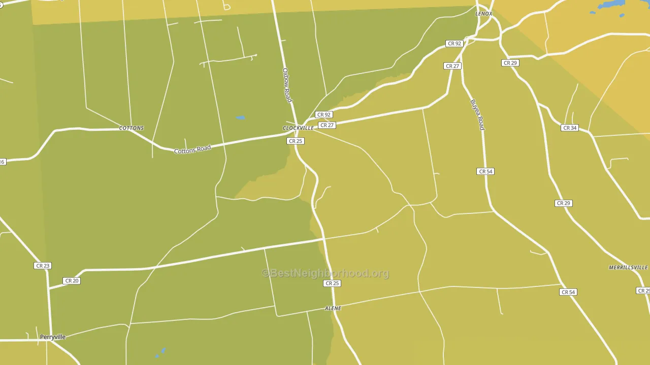 Map of the best neighborhoods in the Clockville area, with better matches in green and worse matches in red