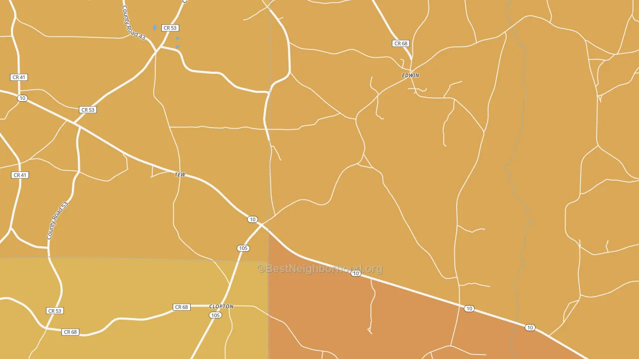 Map of the best neighborhoods in the Clopton area, with better matches in green and worse matches in red
